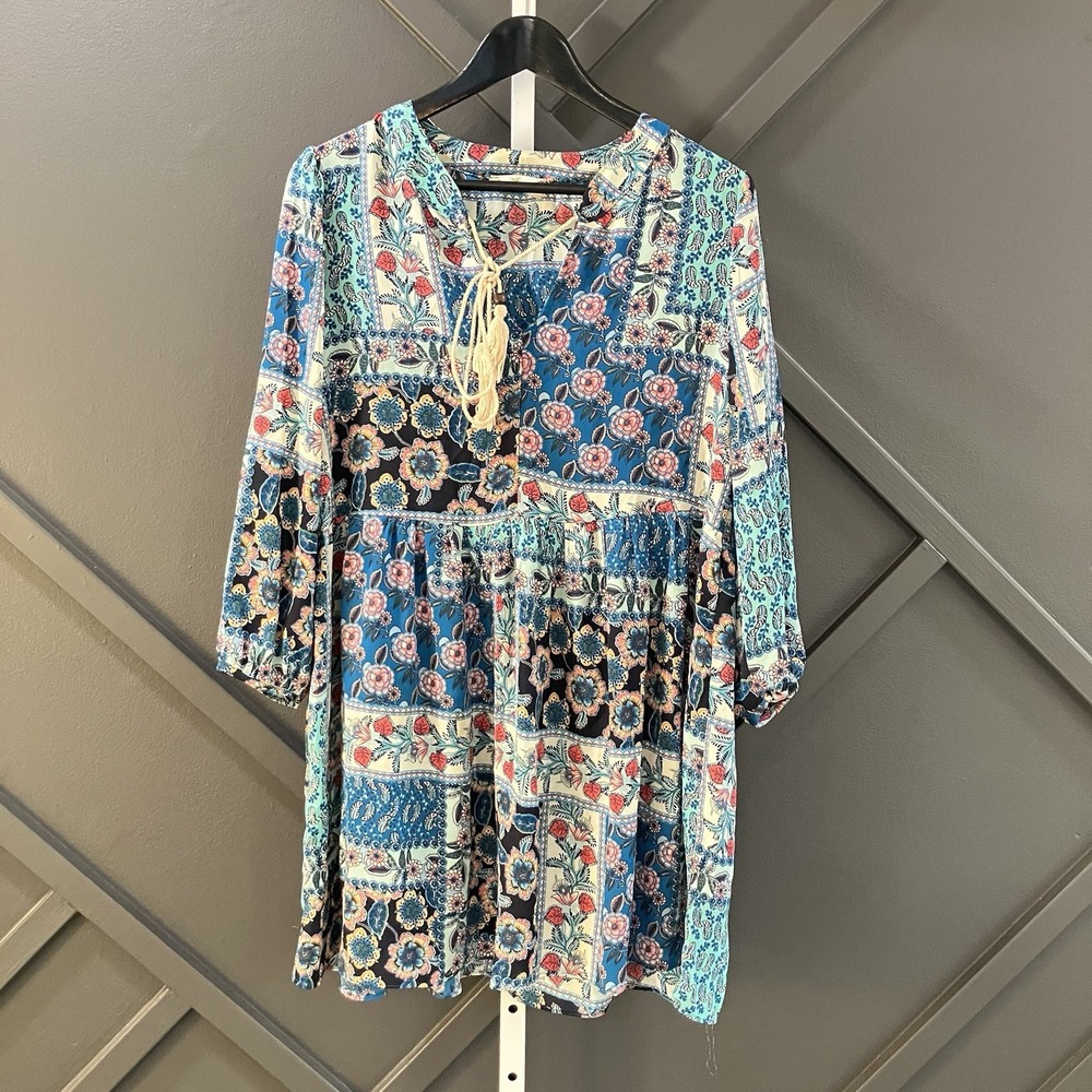 Alter'd State Boho Floral Patchwork Tassel Tie Mini Dress Blue Womens Size Small